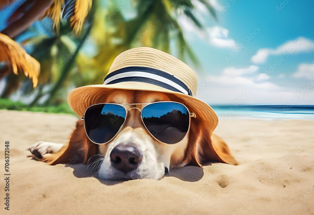 Cool dog with sunglasses and hat on the beach.