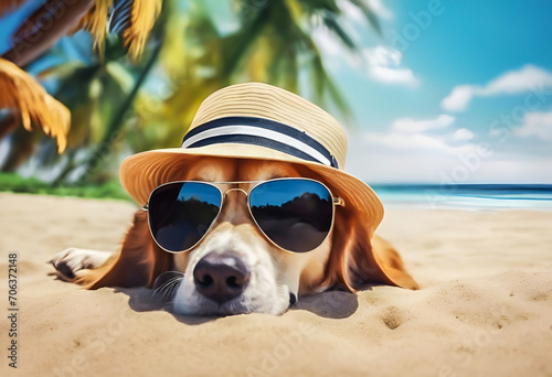 Cool dog with sunglasses and hat on the beach.