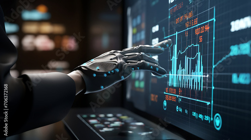 Hand ai robot touching diagrams stock market display on board with artificial intelligence concept
