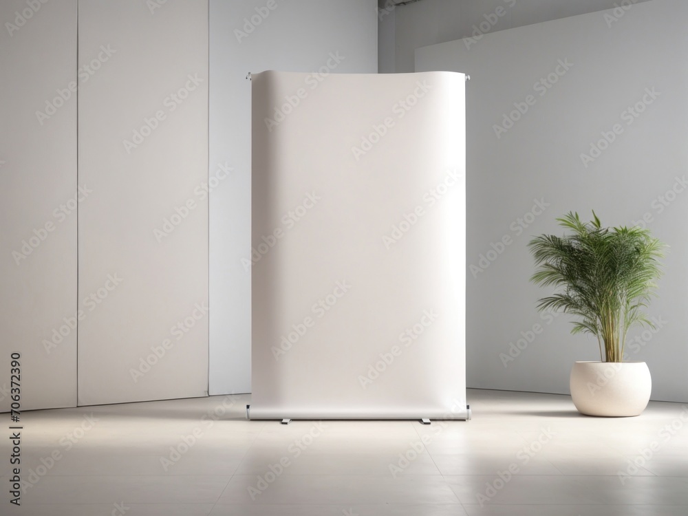 blank white rollup banner display mockup. Generative AI blank white rollup banner display mockup. Generative AI