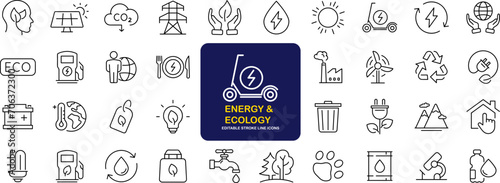 Green energy set of web icons in line style. Ecology icons for web and mobile app. Solar panel, recycle, eco, green electricity, nature, bio, power, water, power and more. Editable stroke