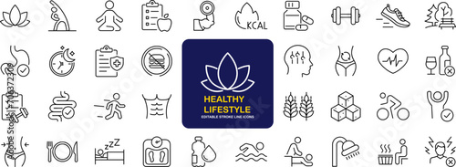 Healthy lifestyle set of web icons in line style. Fitness and sport icons for web and mobile app. Work and rest, physical activity, exercise, gym, sleep, body care and a diet. Editable stroke