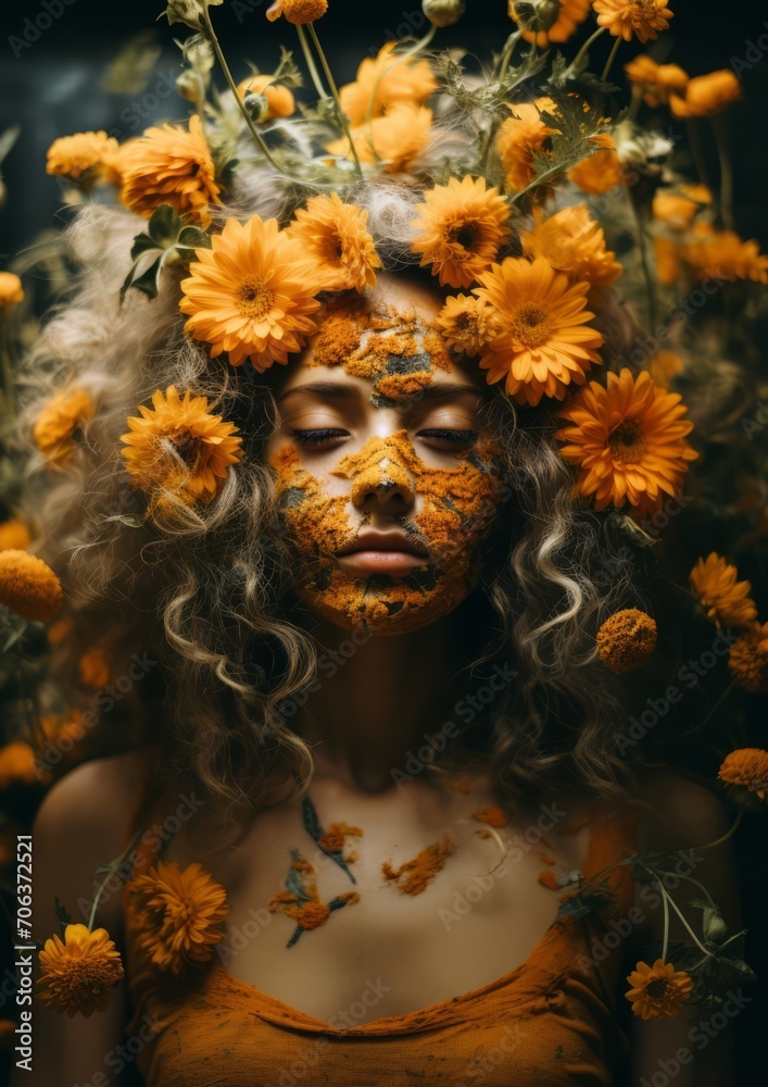 Calendula natural medicated shampoo hair lotion. Natural Calendula face mask for woman Vertical photo. Сonnection between nature, flowers and skincare. For banners, posters, advertising. Calendula natural medicated shampoo hair lotion. Natural Calendula face mask for woman Vertical photo. Сonnection between nature, flowers and skincare. For banners, posters, advertising.