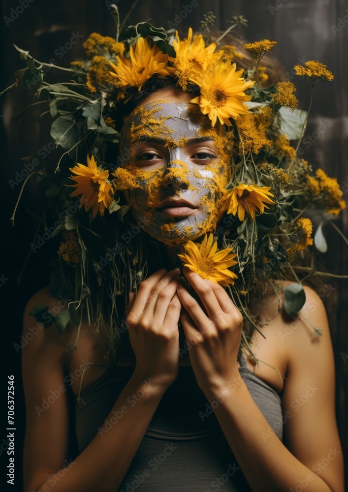 Abstraction. Care for woman facial skin and hair using natural herbal Calendula masks, lotions, shampoos Vertical photo for banners, posters, gift cards, advertising. Abstraction. Care for woman facial skin and hair using natural herbal Calendula masks, lotions, shampoos Vertical photo for banners, posters, gift cards, advertising.
