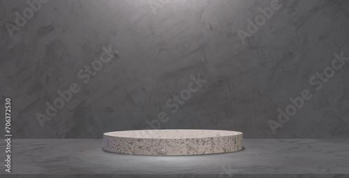 Cement loft wall room studio background with empty concrete cylinder podium and gradient lighting on surface, Backdrop mockup product display presentation, illustration