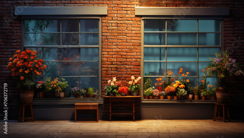 the windows of a flower shop in the spring 