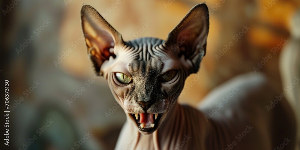 A close up shot of a hairless cat with striking green eyes. Perfect for pet lovers or those in need of a unique and eye-catching image for their project