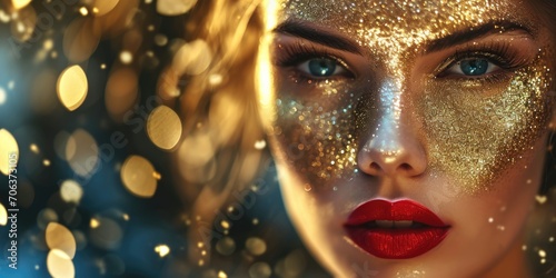 Close up of a woman with glitter on her face. Perfect for makeup tutorials or festival-themed designs photo