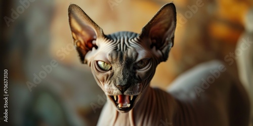 A close up shot of a hairless cat with striking green eyes. Perfect for pet lovers or those in need of a unique and eye-catching image for their project