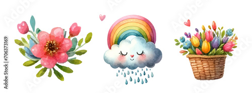 Watercolor collection flowers and spring elements, colorful illustrations, clip art elements, ready to print. Perfect for invitation, card, banner, decoration, patterns, stickers, wallpapers, textile