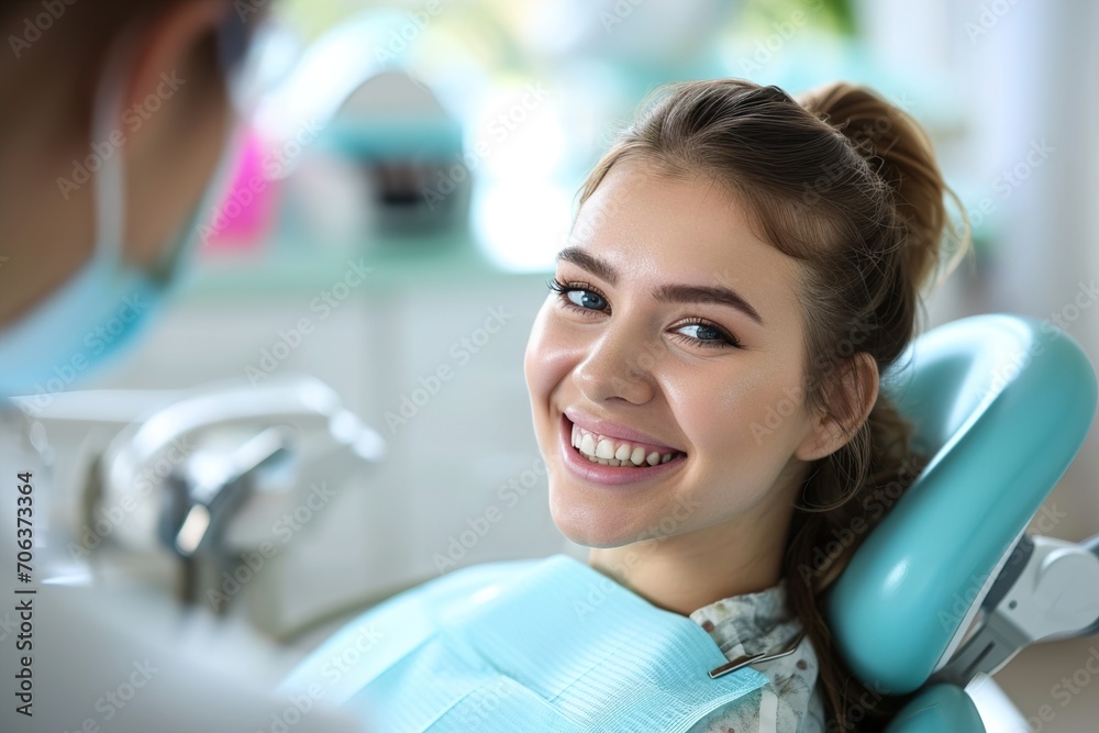 Fototapeta premium A smiling young woman with open mouth in a dental chair