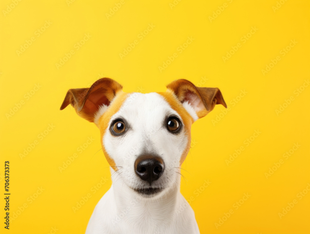 Portrait of a cute Jack Russell Terrier with perky ears against a vivid yellow background.