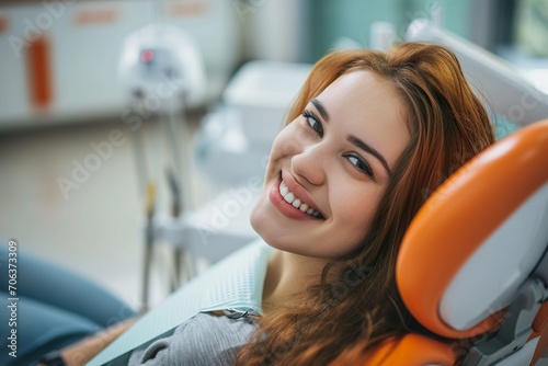 A smiling young woman with open mouth in a dental chair