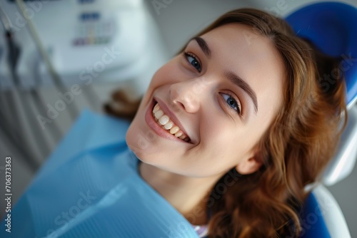 A smiling young woman with open mouth in a dental chair