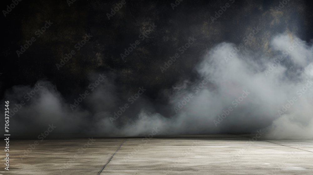Room with smooth concrete black wall and cloudy fog, smoke, smog in room, tile grey ground, modern design Room with smooth concrete black wall and cloudy fog, smoke, smog in room, tile grey ground, modern design