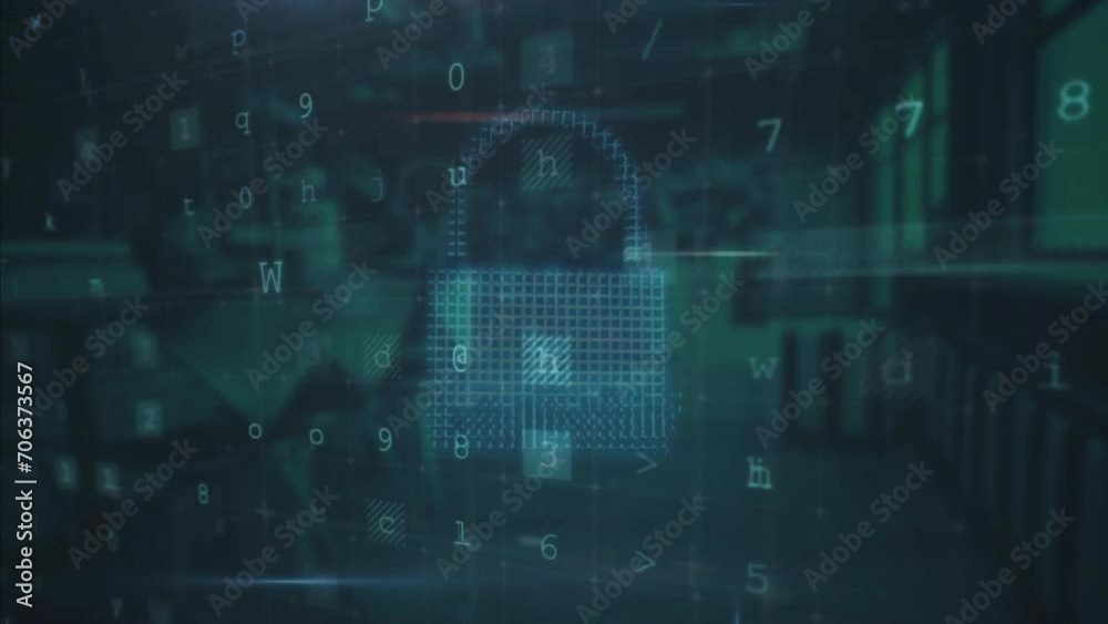 Animation of cyber security warning text and padlock over office Animation of cyber security warning text and padlock over office