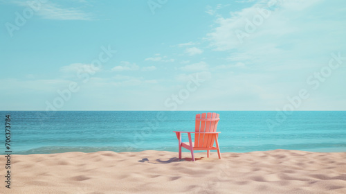 A solitary red chair on a sandy beach under clear blue skies, inviting a moment of solitude. © tashechka