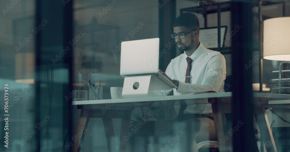 Business man, reading and research on computer for programming, information technology and software analysis. Professional developer or programmer on laptop with glasses for web solution at night