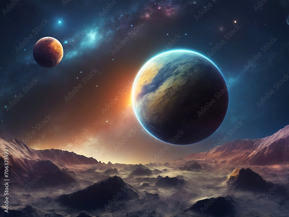 Illustration of a planet on the background of space. Background with texture