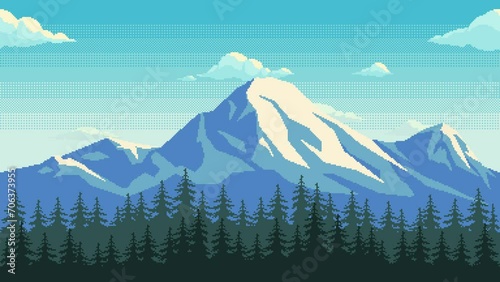 Pixel art animation of background with snow capped mountains and forest. Animated 8 bit landscape with moving clouds.