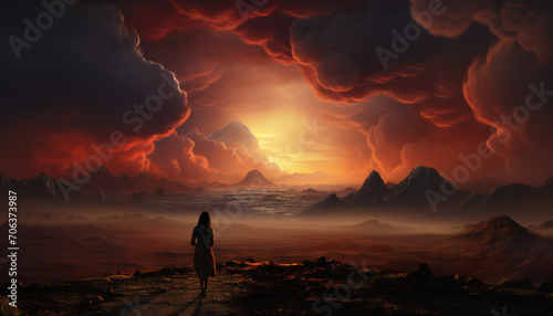 Recreation of a woman watching a red sky