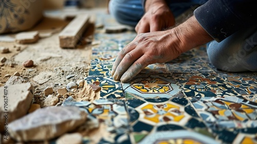 An experienced tiler who installs intricate mosaic tiles.Created with Generative Ai technology. photo