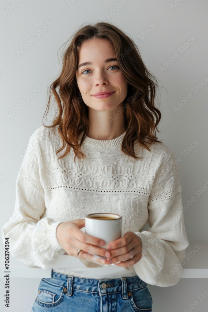 A woman is holding a cup of coffee. This image can be used to depict relaxation, morning routines, or enjoying a warm beverage A woman is holding a cup of coffee. This image can be used to depict relaxation, morning routines, or enjoying a warm beverage