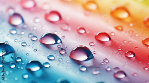 Closeup of water drops sliding on light multi-colored wet surface. Pastel colours background. Generative AI photo