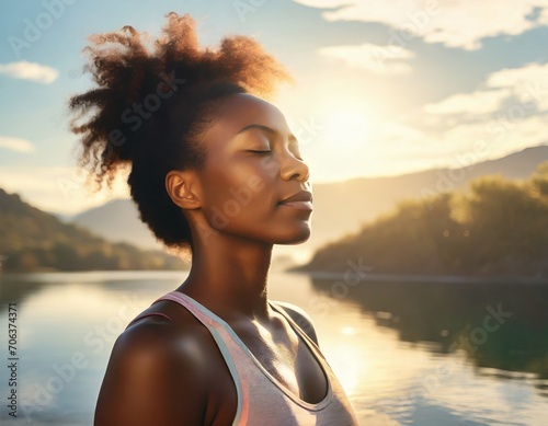 In the soft morning sunlight, a young Black woman finds serenity, whether in relaxation or meditation. Illustrating the power of meditation, stress alleviation, and relaxation as antidotes  photo