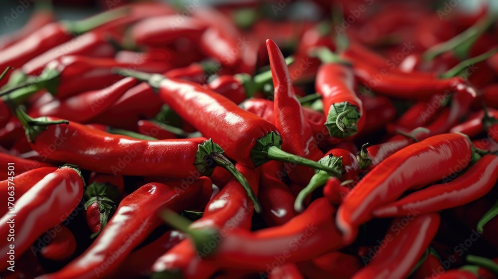 A pile of red hot peppers stacked on top of each other. Can be used for cooking, spice, or food-related concepts