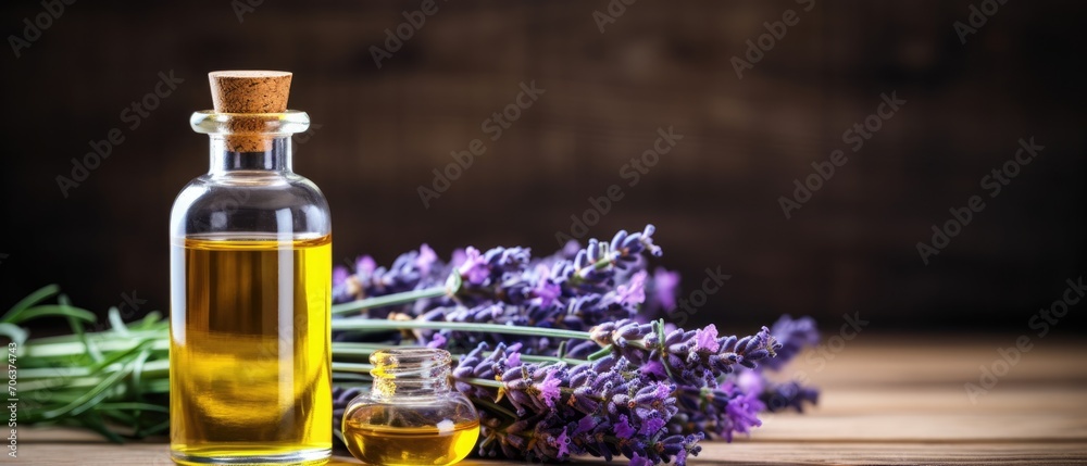 Essential Aromatic oil and lavender flowers, natural remedies, aromatherapy, beauty treatment items for spa procedures Essential Aromatic oil and lavender flowers, natural remedies, aromatherapy, beauty treatment items for spa procedures