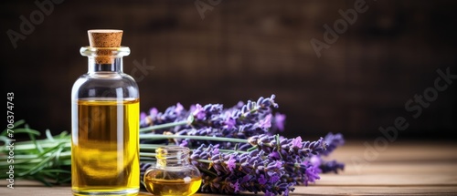 Essential Aromatic oil and lavender flowers  natural remedies  aromatherapy  beauty treatment items for spa procedures