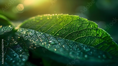 Dew Drops on Vibrant Green Leaves in Sunlight