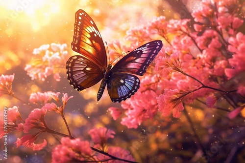 Colorful butterfly on vibrant meadow amidst blossoms and sunlight. Generative AI