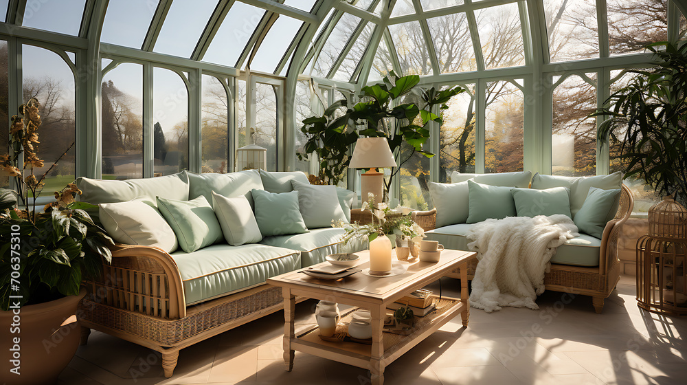 Interior design for a conservatory in a pale sage green colour scheme