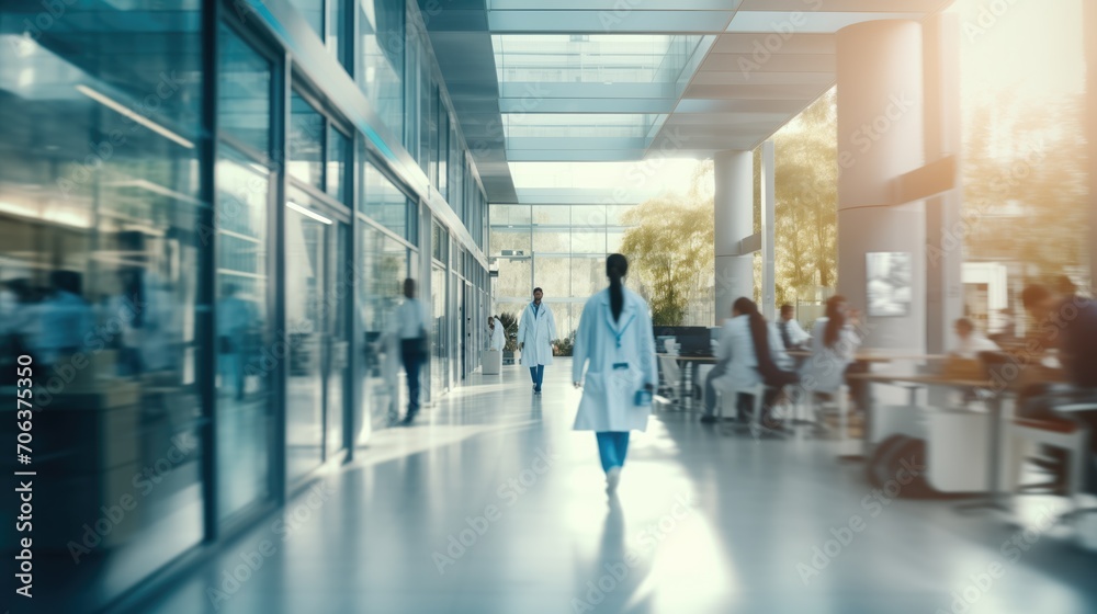 blurred doctors and patients walking in hall of modern office or medical institution hospital