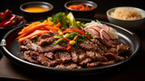 Top view Korean Grilled BBQ combo with marinated beef pork meat set on the traditional grill table