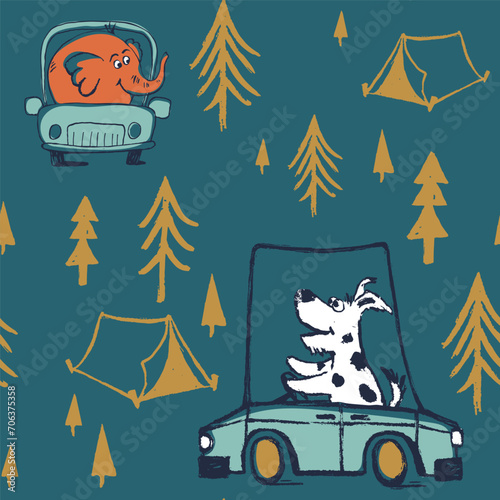Dog, elephant car camping funny cool summer t-shirt seamless pattern. Road trip vacation print design. Forest camp