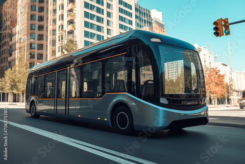 Self driving bus. Autonomous bus driving in city. Future Electric passenger buse. Self-driving passenger electric bus. Public electric E-bus. Driverless bus line with 5g autonomous driving buses. photo