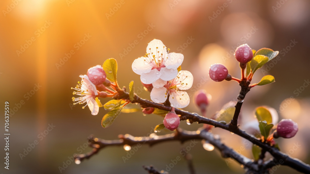 Close-up of delicate spring blossoms with fresh morning dew, highlighted by the golden glow of sunrise.