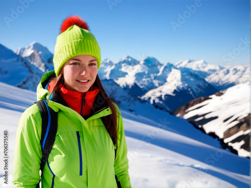 Beautiful young woman in a green jacket on the background of snowy mountains