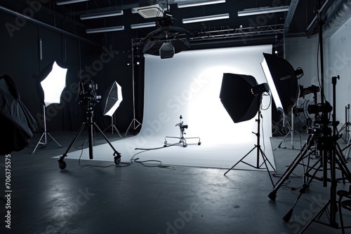 A photo studio setup with various lights and lighting equipment. Perfect for professional photographers or anyone in need of a well-equipped studio. photo