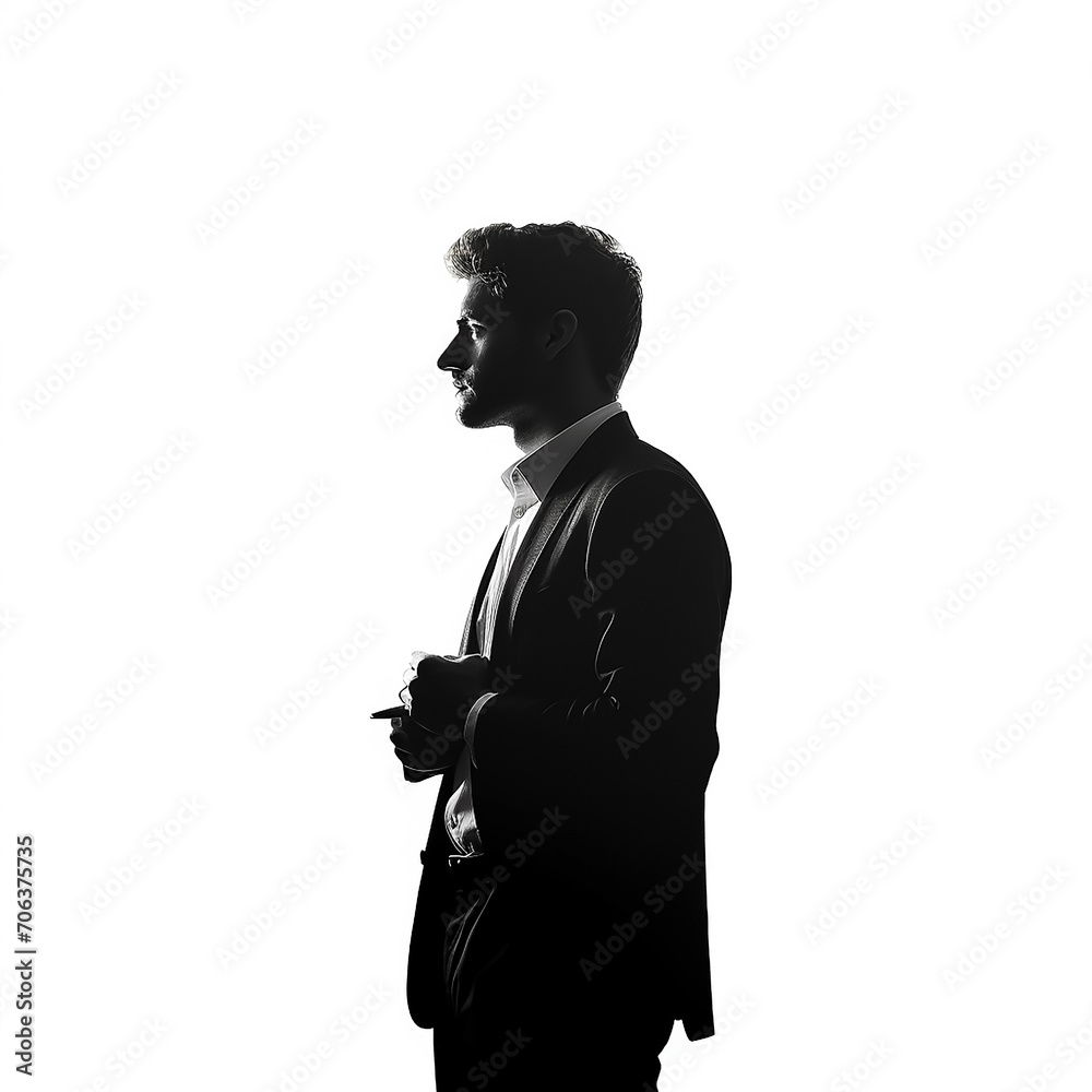 Silhouette of a thinking businessman on isolated white background 