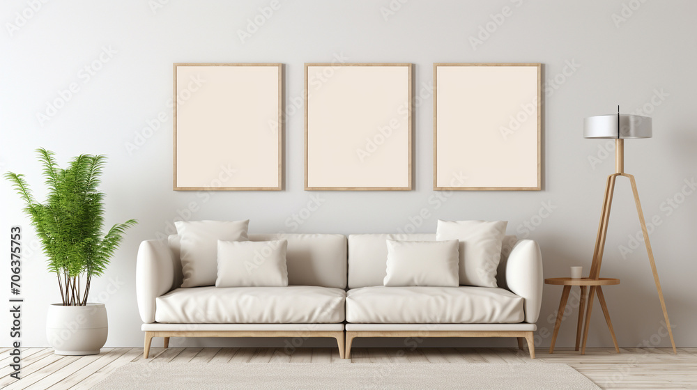 Chic Simplicity: Mid-Century Interior Design with Beige Sofa and Poster Frames - obrazy, fototapety, plakaty 
