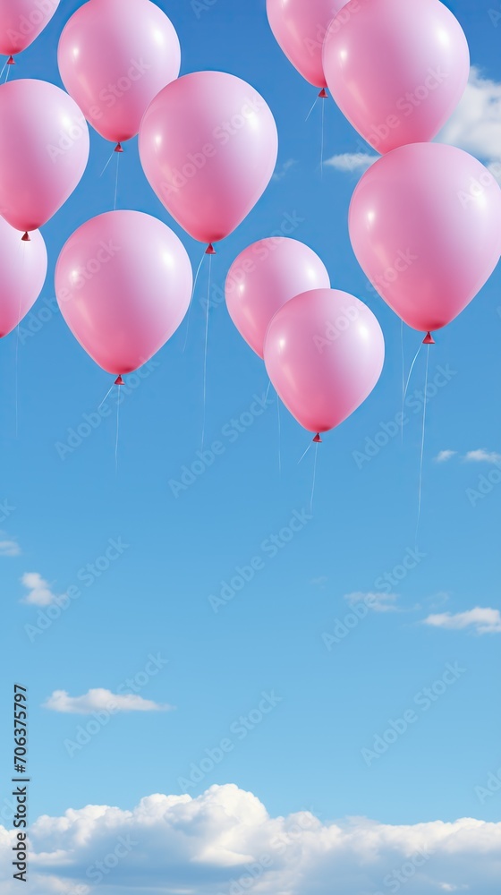 Pink balloons on blue sky and clouds background. Birthday or party mockup for planning. Festive greeting card. Pink balloons on blue sky and clouds background. Birthday or party mockup for planning. Festive greeting card.
