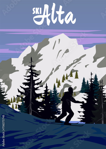 Utah Ski Travel resort poster vintage. Alta USA winter landscape travel card
