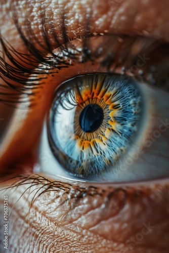 A close-up view of a person's blue eye. This image can be used for various purposes