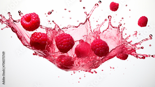 Fresh and delicious red raspberry fruits and water splashing