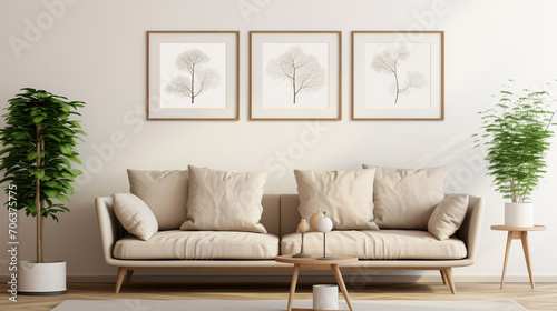 Timeless Elegance: Modern Living Room with Beige Sofa and Mock-Up Poster Frames photo