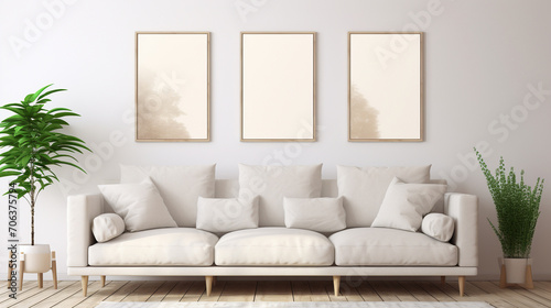 Mock-Up Gallery: Beige Sofa and Poster Frames in Mid-Century Living Room